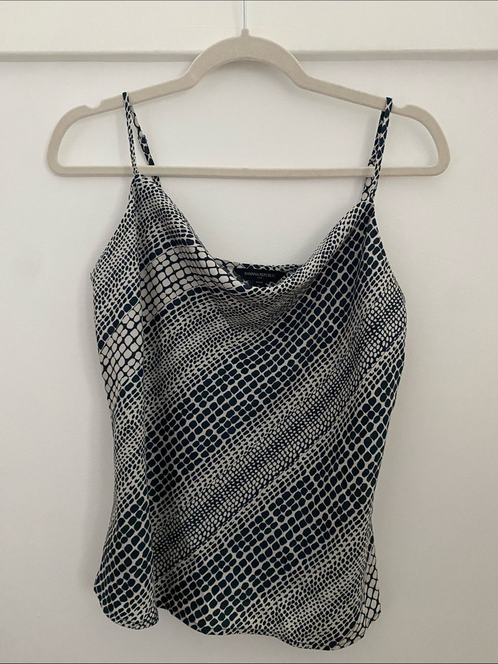 Banana Republic Dark Green and White Printed Silk Cowl Neck Tank